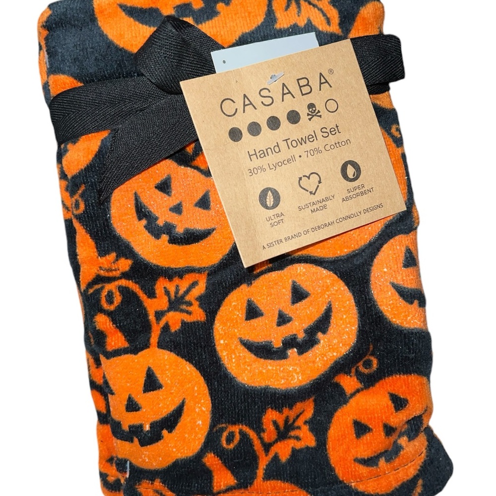NEW Halloween Orange Sparkle Black PUMPKIN Casaba 2pk 16×28 Hand Bath Towels
